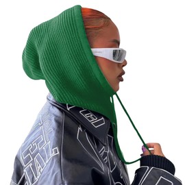 Winter Balaclava Hats for Women Men Unisex Knitted Hooded Scarf Hat Outdoor Neck Warmer Drawstring One-Piece Beanie Cap Green