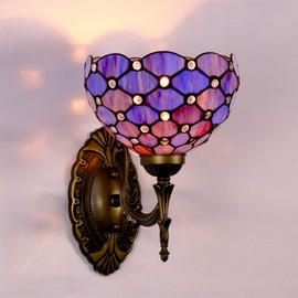 GILGGAK Tiffany Wall Sconce Hand-Weld Stained Glass Bedside Lamp with Classic 8 Inches Lampshade for Bedroom Hallway Living Room Home Office (Blue Purple)