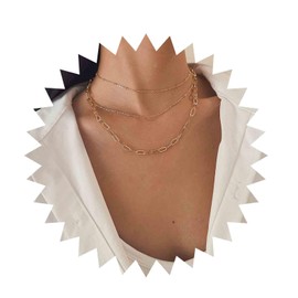 Allereya Vintage Layered Paper Clip Chain Necklace Gold Layered Choker Necklace Satellite Chain Choker Necklace Chunky Link Chain Choker Necklace Jewellery for Women and Girls