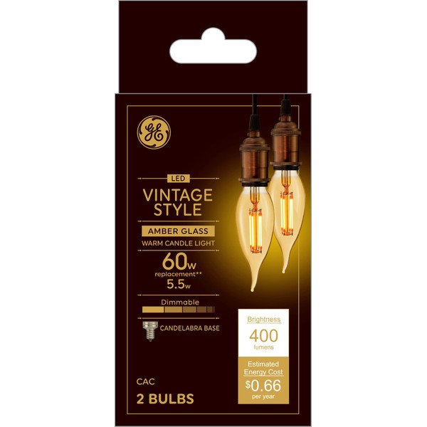 GE Lighting Vintage Style LED Decorative Light Bulbs, 5.5 Watts (60 Watt Equivalent) Warm Candle Light, Amber Glass, Candelabra Base, Dimmable (2 Pack)