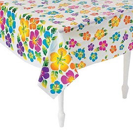 Fun Express Hibiscus Print Plastic Tablecloth (1 Piece) Luau & Tropical Party Supplies, 53" x 73"