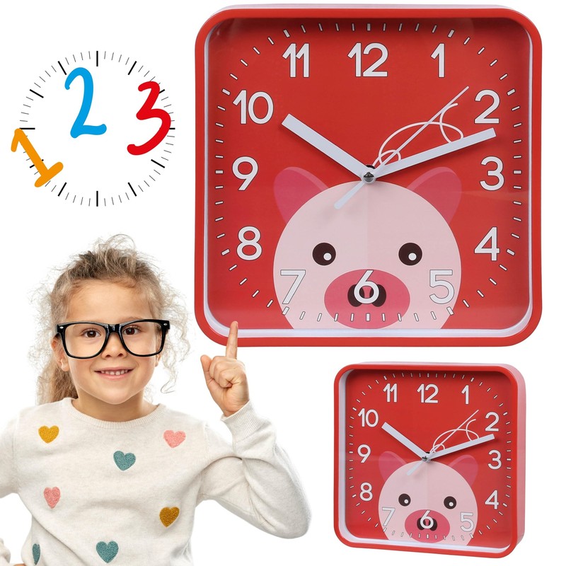 sarcia.eu Pig Wall Clock Analogue Square Clock for Kids 8x8