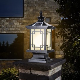 PTOUG LED Solar Post Light Outdoor, Aluminum Fence Post Cap Lamp Remote Control Dimmable Pillar Lights Solar IP65 Waterproof Column Light, 15.7" X 7.3" Pillar Pedestal Lantern for Garden Yard