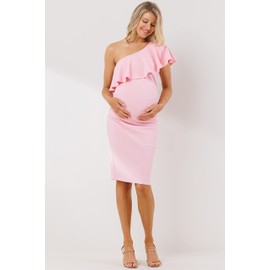 LaClef Women's Maternity Ruffled One Shoulder Side Ruching Dress (Blush, Medium)