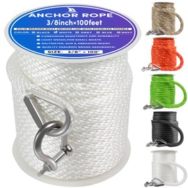 Premium Anchor Rope 100 ft x 3/8 inch, Solid Braid MFP Anchor Line Marine Rope with Thimble & Shackle - White