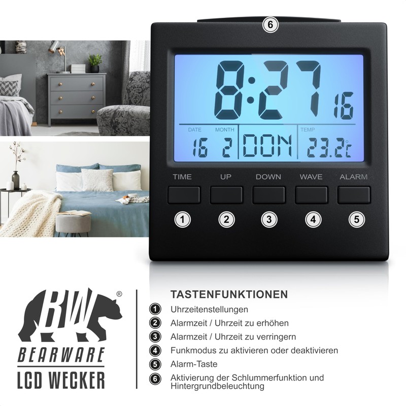 CSL - Funkwecker digital mit Temperaturanzeige - DCF-Funkuhr Reisewecker -