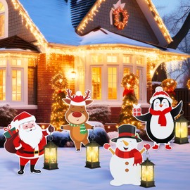 ROCEEI 4 Set Christmas Lighted Metal Yard Stakes 25.5 Inch Snowman Santa Claus Reindeer Penguin Lights Yard Signs with Mini Vintage LED Hanging Lantern for Xmas Holiday Lawn Outdoor Decoration
