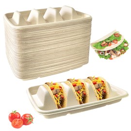50PCS Disposable Taco Holder for Party，Disposable Taco Plates with 3 Dividers Disposable Taco Holders for Party, Taco Tray Holder, Pulp Fiber Plates Disposable for Taco Tuesday Lazy Susan Taco Bar
