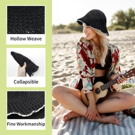 Feelorna Straw Sun Hats for Women, Floppy Foldable Straw Hat, Breathable Beach Sun Hat for Travel, Holiday, Outdoors, black