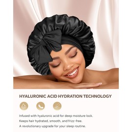 Silk Hair Bonnet for Sleeping - Hyaluronic Acid Infused Satin Bonnet with Adjustable Ties,Double-Layer Soft for Hair Moisture & Protection,Comfortable for Women Hair Care Black