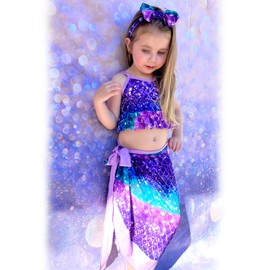 3T Girl Mermaid Swimsuit Toddler Little Girl Two Piece Ruffle Bathing Suit Bikini Set with Cover Up Skirt Summer Swimwear Beach Wear 3-4T