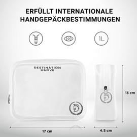 Transparent 1L Toiletry Bag with 3 Travel Bottles - Hand Luggage Airplane Bag for Liquids (max. 100 ml) - Transparent Toiletry Bag - Practical Travel Set with Cosmetic Bag and Travel Accessories,