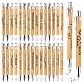 30 Pcs Inspirational Bamboo Pen Thank You Wood Bamboo Pen Employee Appreciation Motivational Quote Ballpoint Pen for Women Men Office Teacher Volunteer Coworker School Supplies Black Ink, 10 Styles