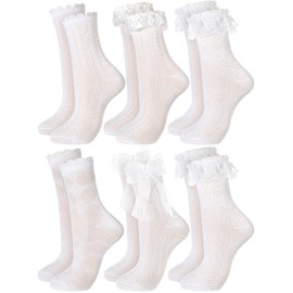 Fourluoo 6 Pairs Women Casual Ruffle Lace Ankle Socks Cute Breathable Thin Cool Frilly Socks(Modern,off White)