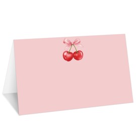 Blush Pink Cherry Bow Place Cards, Set of 25 Tent Name Cards for Table Setting, Food Label for Wedding, Baby Shower, Birthday Dinner Party Supplies -034