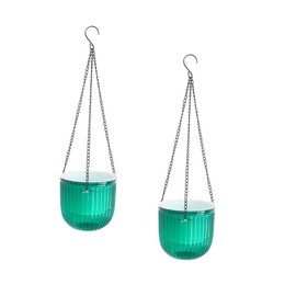 Meicynhoger Set of 2 Vintage Hanging Flower Pots, 16.5 cm Balcony Planters – Transparent Self-Watering Pot with Hooks for Indoor Outdoor, Table, Wall, Terrace and Green Jardi
