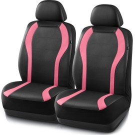 PIC AUTO Leather Car Seat Covers, Premium Automotive Waterproof Two Front Bucket Car Seat Protectors, Black and Pink PVC Patchwork, Fits for Cars, Trucks, Van, SUV, Airbag Compatible