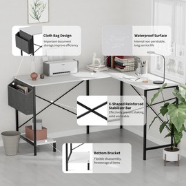 L Shaped Desk - 50" Reversible Home Office Computer Desk, Wood Top, Metal Frame, Side Bag, Sturdy Gaming Desk Corner Table for Work, Writing and Study, Space-Saving