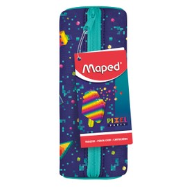 Maped - Federmäppchen, rund, Pixel Party – Federmäppchen aus Neopren, weich, reißfest, Federmäppchen blau