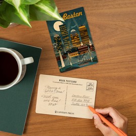 Boston, Massachusetts, Retro Skyline (4x6 Birch Wood Postcards, 2-Pack Stationary, Rustic Home Wall Decor)