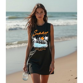 Sundress for Women Summer Beach Graphic Mini Tank Dress Sleeveless Beach Dress Short Mini Sun Dresses(Black,M)