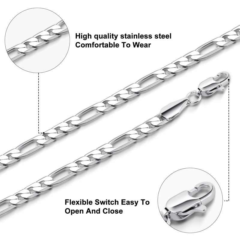 LuxGoth Stainless Steel Figaro Link Chain Bracelet Italian Diamond-Cut Figaro