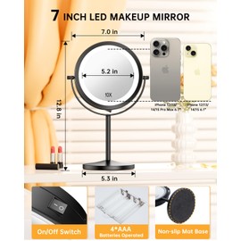 Gospire 7" Lighted Makeup Mirror with Magnification 10X/1X Double Sided, Round Magnifying LED Vanity Standing Cosmetic Shaving Mirror with Battery Operated, Cordless Portable for Bathroom Bedroom