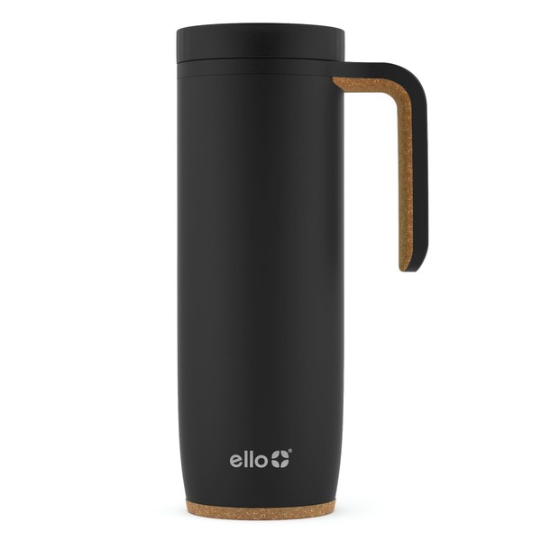 Ello Magnet 18oz Vacuum Insulated Stainless Steel Travel Mug with Side Handle and Leak-Proof Slider Lid and Built-in Coaster, Keeps Hot for 5 Hours, Perfect for Coffee or Tea, BPA-Free, Matte Black