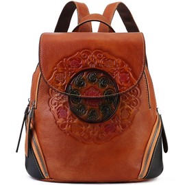 Zhuoliang Small Genuine Leather Backpack Purse for Women Fashion Vintage Embossed Totem Backpack Brown
