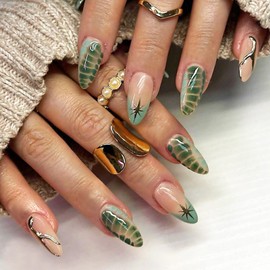 Green Tortoise Press on Nails Almond Medium Fake Nails Green French Tip False Nails Gel Glue on Nails Stars Acrylic Nails Gold Curve Line Stick on Nails for Coquette Women Girls 24Pcs