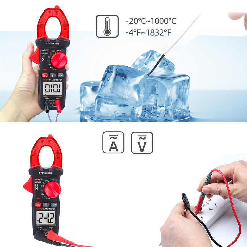 FNNEMGE Digital Current Clamp Multimeter DC/AC 0-600A Real RMS 6000