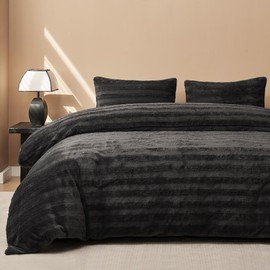 JELLYMONI Fluffy Duvet Cover Set Queen Size, 3pcs Striped Fuzzy Duvet Cover Sets, Faux Fur Comforter Cover Velvet Bedding Set, Duvet Cover & 2 Pillow Shams, Dark Grey