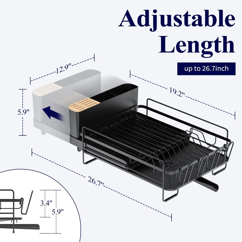 Kitsure Extendable Stainless Steel Dish Drying Rack with Drainboard Black