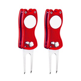 FINGER TEN Golf Divot Repair Tool and 3 US Ball Markers Switchblade Gift Pack, Foldable Magnetic Stainless Steel with Pop-up Button for Men Women (Red 2Pcs)