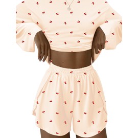 Kistore Womens 2 Piece Long Sleeve Pajama Sets Side Split Shorts Set Sleepwear Pjs Lounge Matching Comfy Sets Apricot Cherry Small