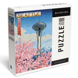 Space Needle, Cherry Blossoms Woodblock, Seattle, Washington (1000 Piece Puzzle, Challenging Jigsaw Puzzle for Adults, Made in USA)