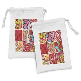 Lunarable Colorful Fabric Pouch Set of 2, Collage of Photos with Differents Candies Bonbon Fruity Jellies Lollipops, Small Drawstring Bag for Toiletries Masks and Favors, 9" x 6", Multicolor