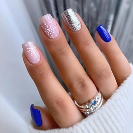 Snowflake Press on Nails Christmas Short Blue Square Fake Nails, White Blue Glitter Acrylic Nails, Shiny Glossy False Nails Kits Super Fit Nail Tip 24Pcs