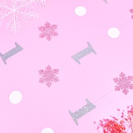 Fangleland Winter Onederland 1st Birthday Hanging Decorations for Girl, Pink Glitter Snowflake First Birthday Garland - Circle Dot Ceiling Streamers for One Year Old Girls Anniversary