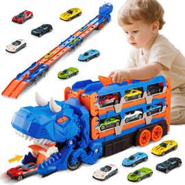 Dinosaur Transport Truck Toys Cars for Boys, 62 Inch Foldable Race Track Toy with 6 Racing Cars, Portable Carrier Vehicles Toys Gifts for Kids Age 3 4 5 6 7 8 9 Year Olds Girls Birthday/Christmas