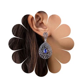 Yheakne Vintage Filigree Drop Earrings Silver Tribal Earrings Blue Earrings Hollow Oval Earrings Water Drop Sapphire Drop Earrings Retro Drop Jewellery for Women and Girls (Deep Blue)