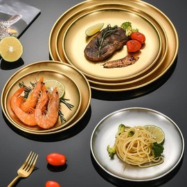 MBBITL 3 Pack Gold Dish Plates Brushed Stainless Steel Dinner Plates Round Food Serving Plates Tray 9 inches for Party Banquet