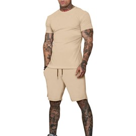 Uni Clau Mens Short Sets 2 Piece Outfits Fashion Summer Tracksuits Casual Shirt and Shorts Set Khaki XL