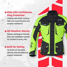 HWK Adventure Touring Motorcycle Jacket for Men, Water Resistant Cordura Textile Biker Jacket for Men, Durable and Stylish Moto Gear with CE Armor for Enduro Motorbike Riding - Hi-Vis Green, Large