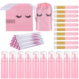 40 PCS Lash Shampoo Bottle Brushes Set, 10 Lash Shampoo Brushes, 10 Lash Brushes Tubes, 10 Eyelash Shampoo Foam Bottle, 10 Eyelash Aftercare Drawstring Bag for Eyelash Extension Customer Women Girls