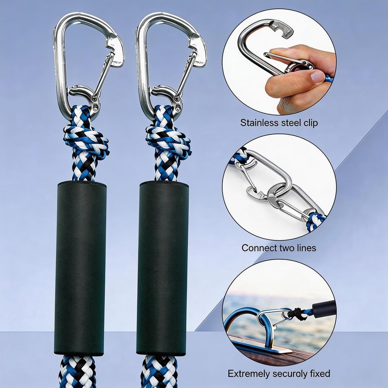 2 PK Blue Bungee Dock Lines for Boats 2FT with