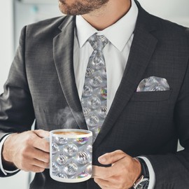 Ambesonne 3 Pcs Set Gift for Men, Christmas Tie Handkerchief & Mug Christmas Birthday Gifts for Him Boss Husband Boyfriend Coworker, Xmas Trees Globe Print, Pale Grey White and Pink