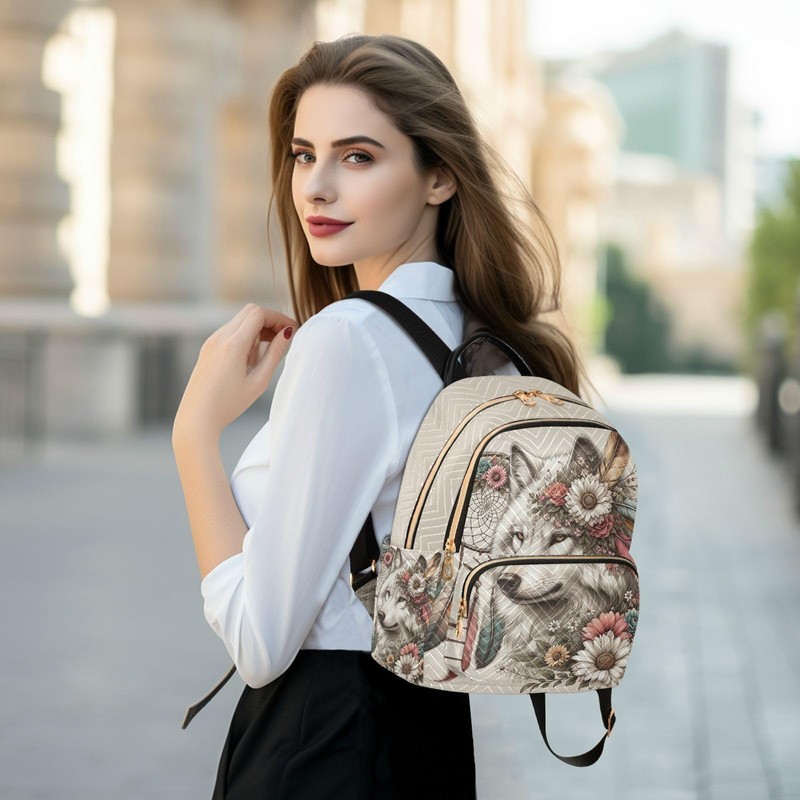senya Wolf Women Fashion Backpack Purse Flower Dreamcatcher Wolf Backpack