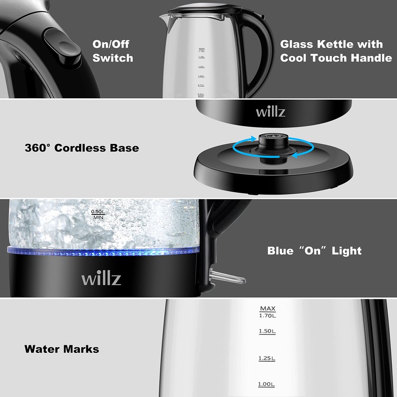 Willz Electric Glass Kettle with Heat Resistant Handle and Cordless