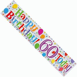 Happy 60th Birthday Party Banner Age 60 Giant Extra Wide Decoration Garland Bright Colourful Multicolour Male Female Recyclable Eco Friendly Holographic Shiny Sparkly Party Banner